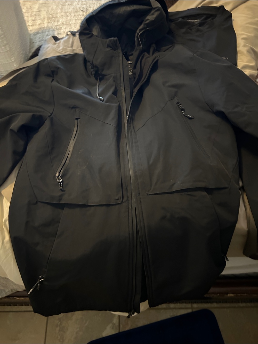 Men's Black Hooded Raincoat with Zippered Pockets